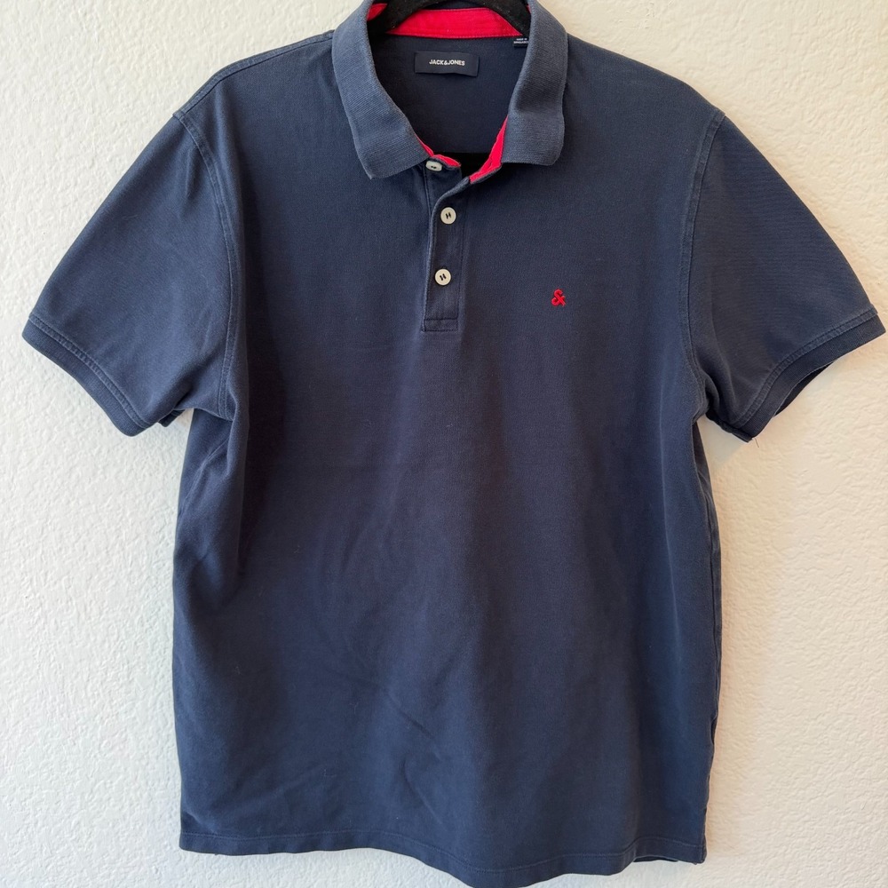 Jack & Jones Polo Shirt Mens Medium Blue Short Sleeve Pique Contrast Collar